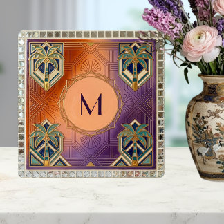Art Deco Tropisk Orange Palmtre Monogram Kakelplatta