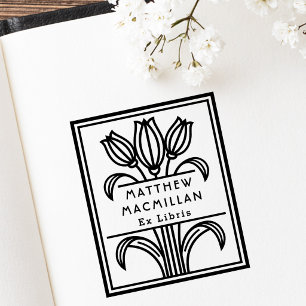 Art Deco Tulpan namn Ex libris bibliotek bok Stämpel