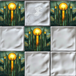 Art Deco Turcos Grönt Guld Sol Kakelplatta