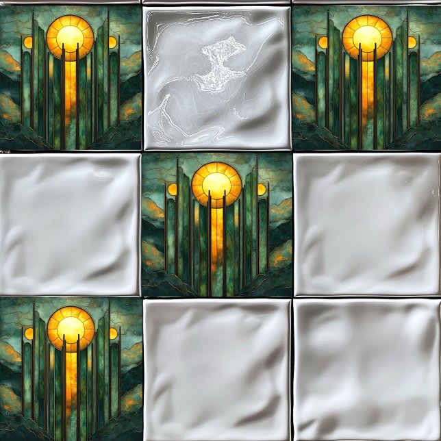 Art Deco Turcos Grönt Guld Sol Kakelplatta (Skapare uppladdad)