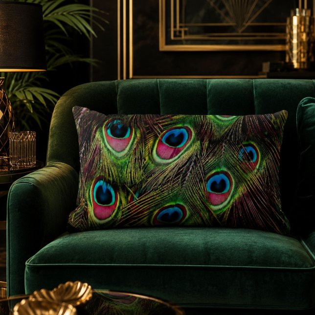 art deco turkos grön turkos påfågel fjäder lumbarkudde (art deco teal green turquoise peacock feather lumbar pillow)