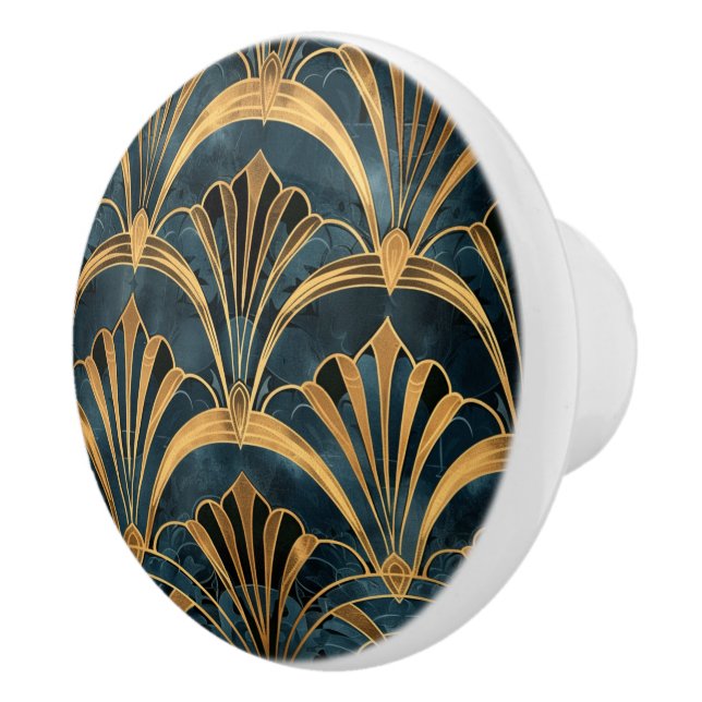Art Deco Turkos Guld Fläkt Mönster Design Knopp (Höger)