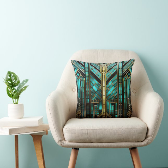 Art Deco Turkos Guld Svart Geometrisk Kudde (Stol)