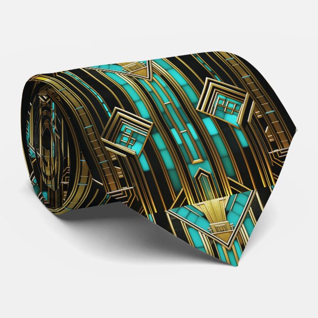 Art Deco Turkos Guld Svart Geometrisk Slips (Rullad)