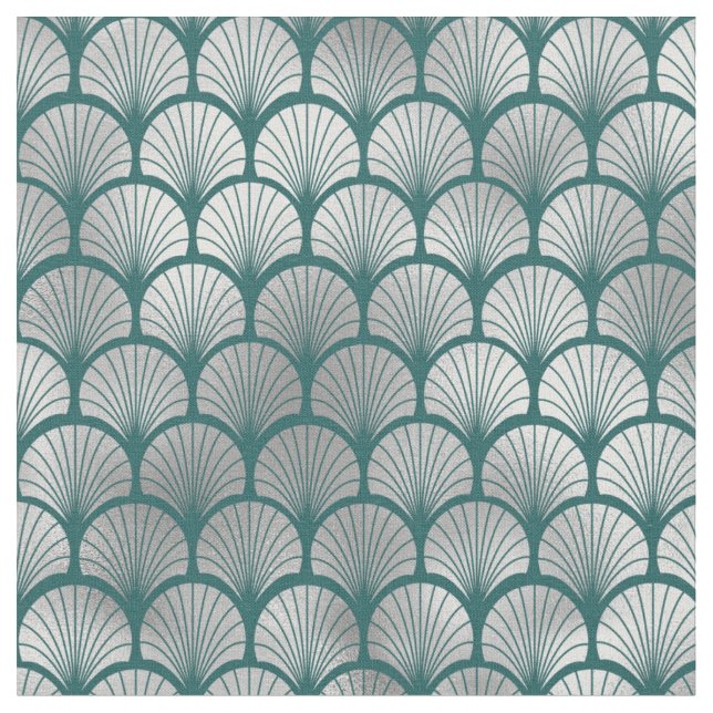 Art Deco Turkos Silver Fiskfjäll Fläkt Tyg (Närbild)