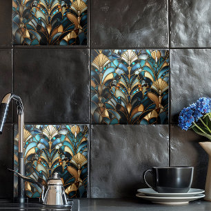 Art Deco Turkos Svart Guld Fläkt Keramiska Plattor Kakelplatta