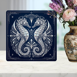 Art Deco Två Sjöhästar Pärlemor Blå Kakelplatta