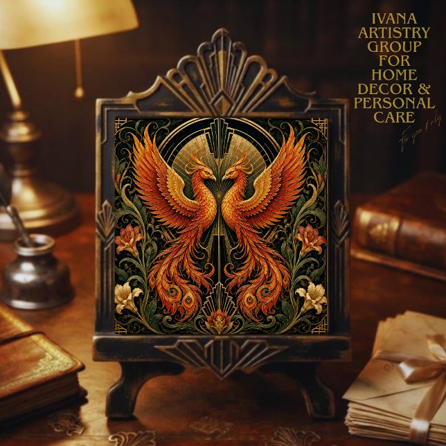 ART DECO TVILLINGSFENIX KERAMISK PLATTA KAKELPLATTA (Skapare uppladdad)
