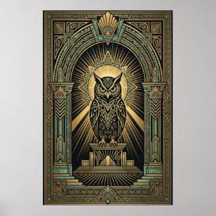 Art Deco-ugglans visdomsaffisch Guld & turkos ge Poster