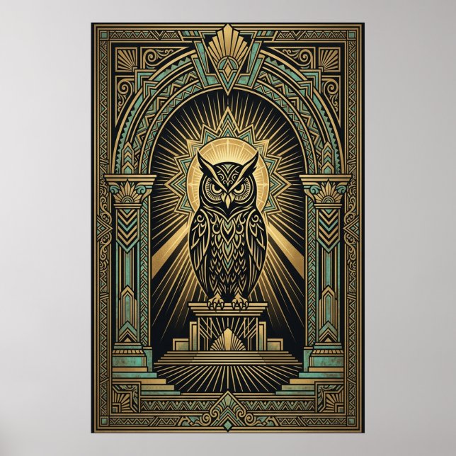 Art Deco-ugglans visdomsaffisch | Guld & turkos ge Poster (Framsidan)