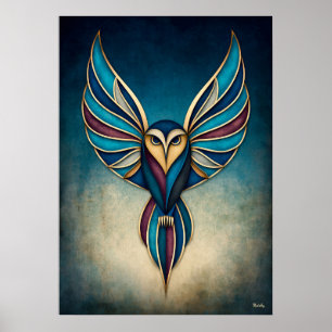 Art Deco-ugglas abstrakt geometrisk fågelväggkonst Poster