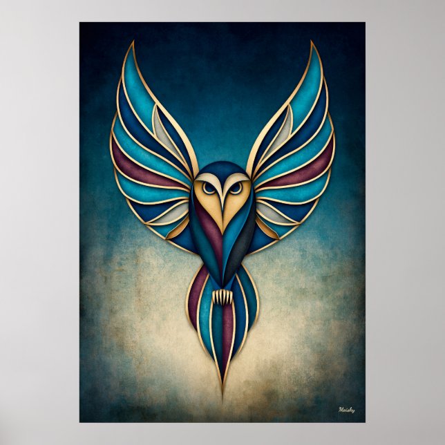 Art Deco-ugglas abstrakt geometrisk fågelväggkonst Poster (Framsidan)