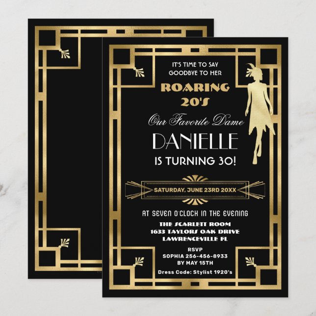Art Deco Underbar Gatsby Roaring 20:e 30års födels Inbjudningar (Fram/baksida)