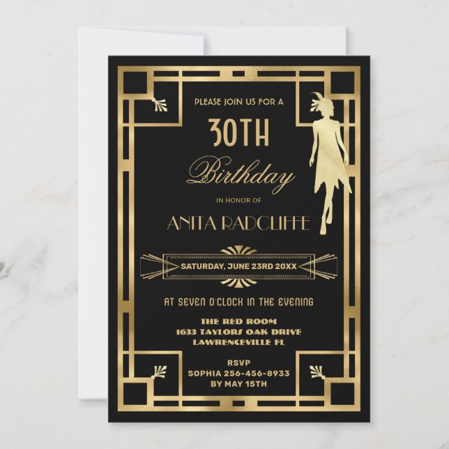 Art Deco Underbar Gatsby Roaring 20:e födelsedagen Inbjudningar (Framsida)