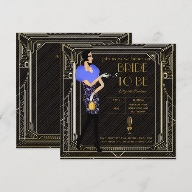 Art Deco Underbar Gatsby Roaring 20:s Möhippa Bl Inbjudningar (Fram/baksida)