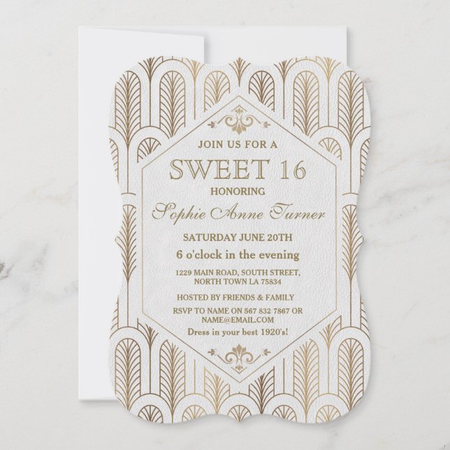 Art Deco Underbar Gatsby White Guld SWEET 16 Inbjudningar (Framsida)