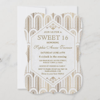Art Deco Underbar Gatsby White Guld SWEET 16 Inbjudningar