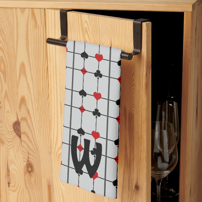 Art Deco-uppspelningskort Kostym v2 Monogrammad Kökshandduk (Thirds Fold)