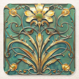 Art Deco Vacker Lily Turkos Grön Guld Underlägg Papper Kvadrat
