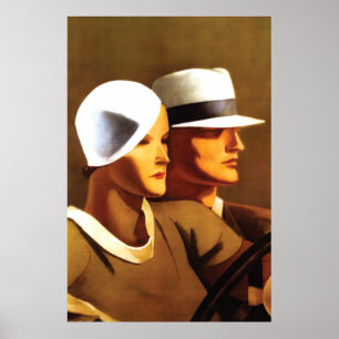 Art Deco-vackra par som kör bil Poster