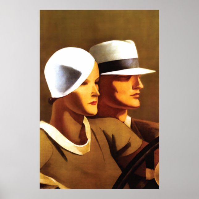 Art Deco-vackra par som kör bil Poster (Framsidan)