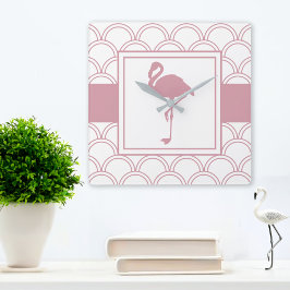 Art Deco Våg Mönster Rosa Flamingo Fyrkantig Klocka