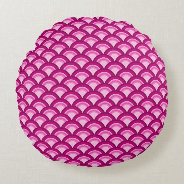 Art Deco-vågen mönster - magenta och rosa Rund Kudde (Framsidan)