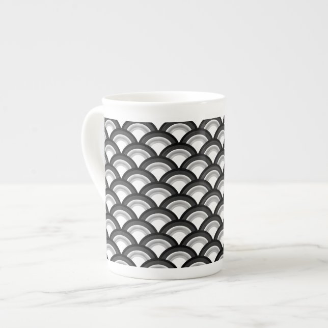 Art Deco-vågorna mönster - svartvitt Benporslin Mugg (Framsida vänster)