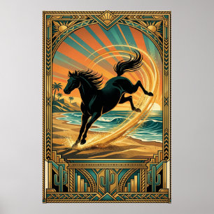 Art Deco Vild häst Strand Solnedgång Turkos Orange Poster