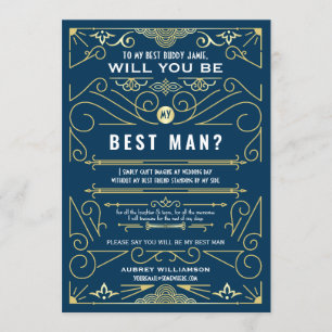 Art Deco Vill du vara min best man Guld Blå Bröllo Inbjudningar