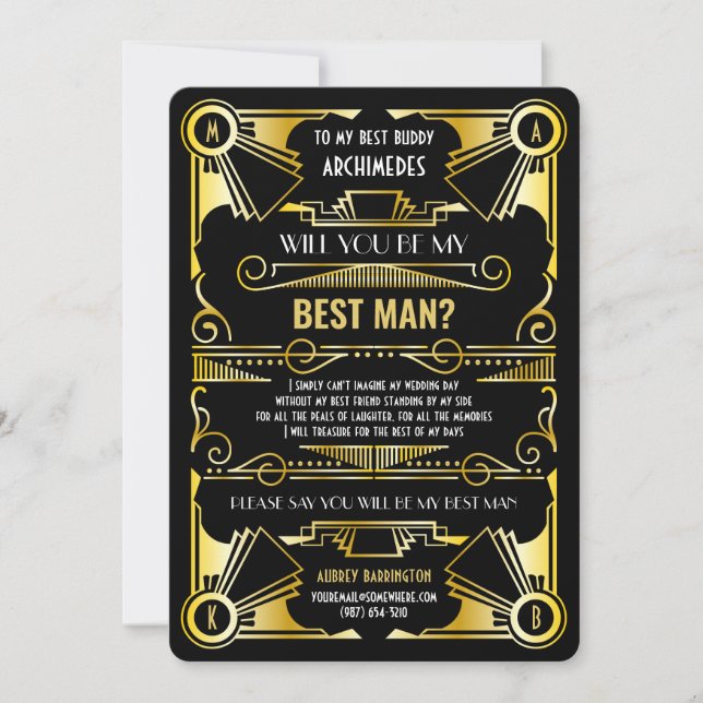 Art Deco Vill du vara min best man Guld & Svart Inbjudningar (Framsida)
