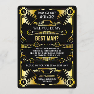 Art Deco Vill du vara min best man Guld & Svart Inbjudningar