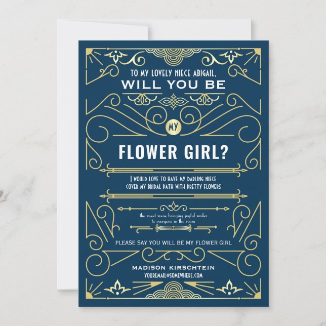 Art Deco Vill du vara min blomsterflicka Guld Blå Inbjudningar (Framsida)