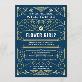 Art Deco Vill du vara min blomsterflicka Guld Blå Inbjudningar