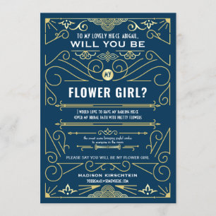 Art Deco Vill du vara min blomsterflicka Guld Blå Inbjudningar