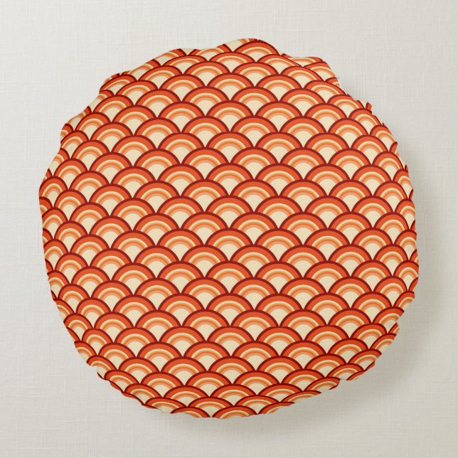 Art déco vinkar mönster - tangerineorange rund kudde (Baksidan)