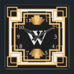 Art Deco Vintage 1920-talet Geometric Mönster Anpa Fyrkantig Klocka<br><div class="desc">Vintagen formaterade 1920-talets matematiska stil art deco-klocka i guld och svart med anpassningsbarnas bakgrund färg och brev i monogram.</div>