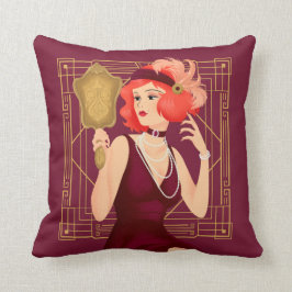 Art Deco Vintage 1920-talet Girl Guld Ram Burgundy Kudde
