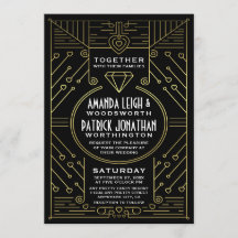 Art Deco Vintage Black & Guld bröllopsinbjudningar