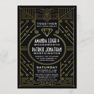 Art Deco Vintage Black & Guld bröllopsinbjudningar Inbjudningar