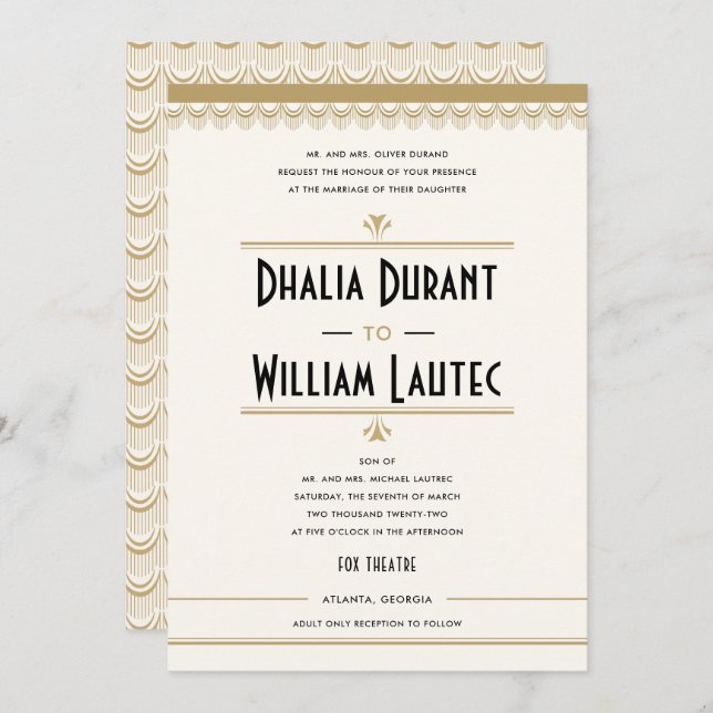 Art Deco Vintage Black och Guld Bröllop Inbjudningar (Fram/baksida)