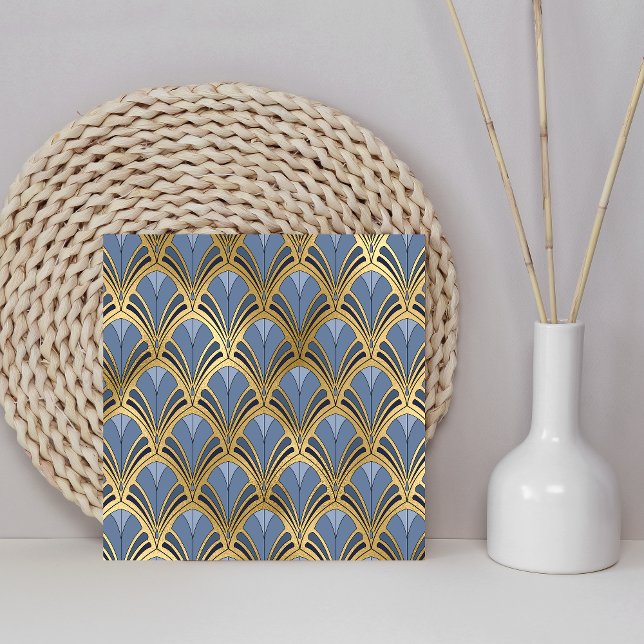 Art Deco Vintage Blommig Fläktsmönster Blå Guld Kakelplatta (Skapare uppladdad)