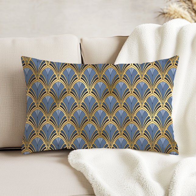 Art Deco Vintage Blommig Fläktsmönster Blå Guld Prydnadskudde (Skapare uppladdad)