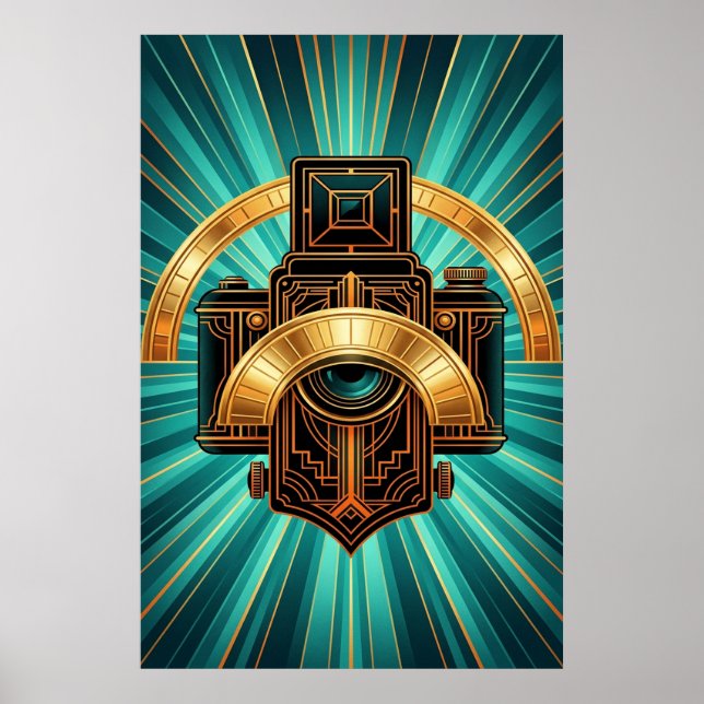 Art Deco Vintage Kameralins Guld & Teal Poster (Framsidan)