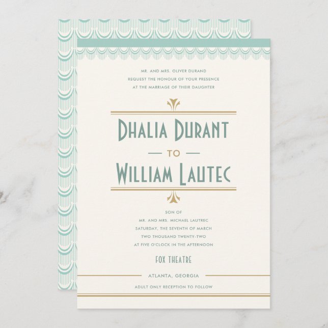 Art Deco Vintage Mint och Guld Bröllop Inbjudningar (Fram/baksida)