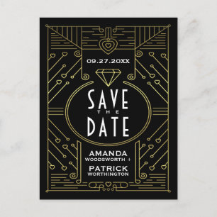Art Deco Vintage Svarta Bröllop Save The Date-kort Meddelande Vykort