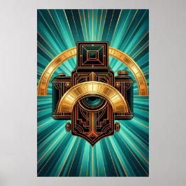 Art Deco Vintagekameraobjektiv Guld & Teal Poster