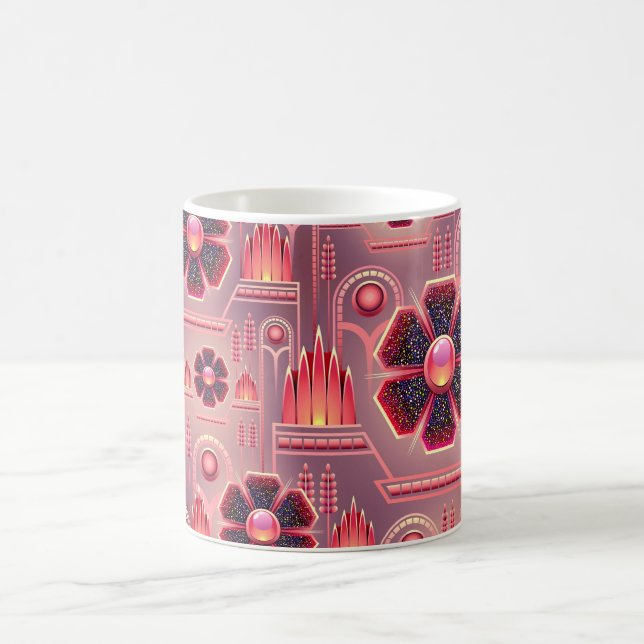 Art deco-vintagens blommigt, geometrisk rosa mönst kaffemugg (Center)