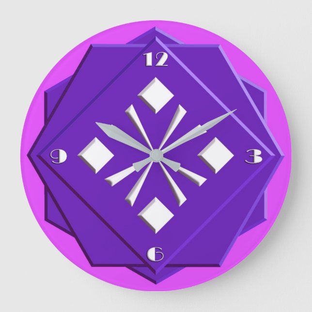 Art Deco violet och orkidégeometriskt mönster Stor Klocka (Framsida)