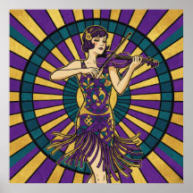 Art Deco Violinist Affisch Lila och Guld Flapper